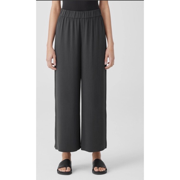 Eileen Fisher Pants - EILEEN FISHER Wide Leg Crop Sz L 100% Silk Georgette Crepe Pull On Black Pants